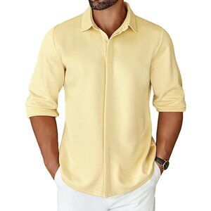 Mens Yellow Long Sleeve Wrinkle Free Shirt Casual Button Down Shirt Dress